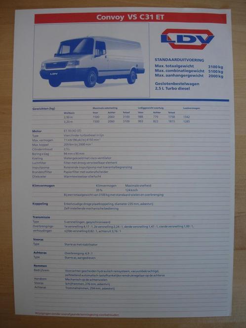 LDV Convoy Technische Specificatie Brochure ca 1996, Boeken, Auto's | Folders en Tijdschriften, Zo goed als nieuw, Overige merken