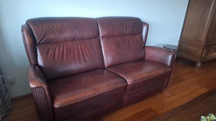 Bordauxrood  leren senioren  bankstel, Huis en Inrichting, Banken | Bankstellen, Gebruikt, Leer, Ophalen of Verzenden