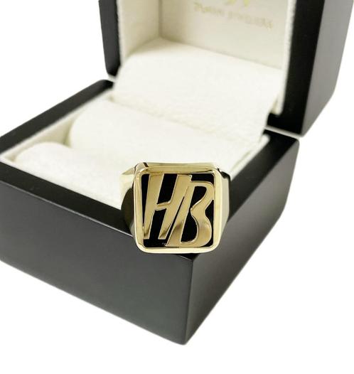 Gouden Heren Monogram Ring Onyx Gouden Letters HB / 6,5 g, Sieraden, Tassen en Uiterlijk, Ringen, Zo goed als nieuw, Heer, 20 of groter
