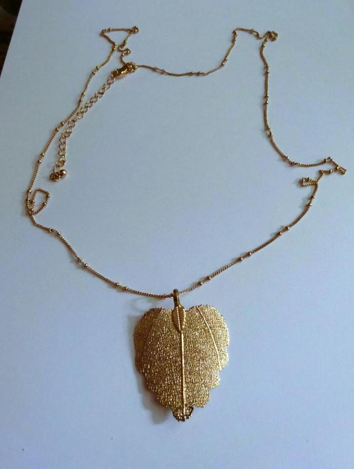 Lange goudkleurige ketting met iets doorzichtige Blad hanger, Sieraden, Tassen en Uiterlijk, Kettingen, Zo goed als nieuw, Overige materialen