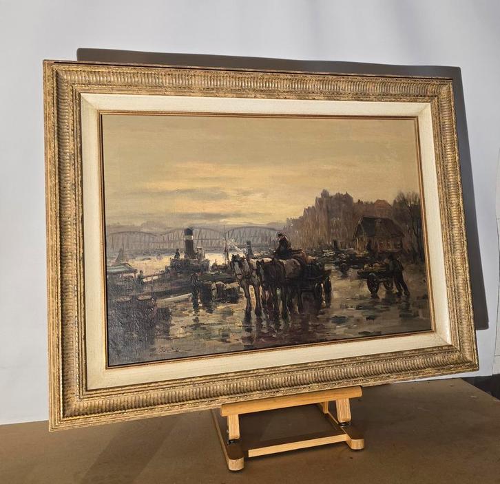 Gesigneerd Olieverfschilderij - Riviergezicht, Antiek en Kunst, Kunst | Schilderijen | Klassiek, Ophalen of Verzenden