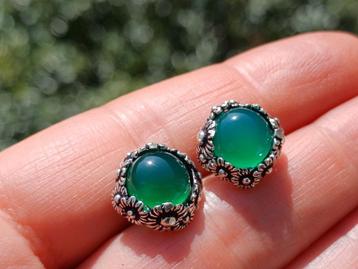 Vanoli 925 zilver ooknopjes oorbellen groene agaat madelief beschikbaar voor biedingen