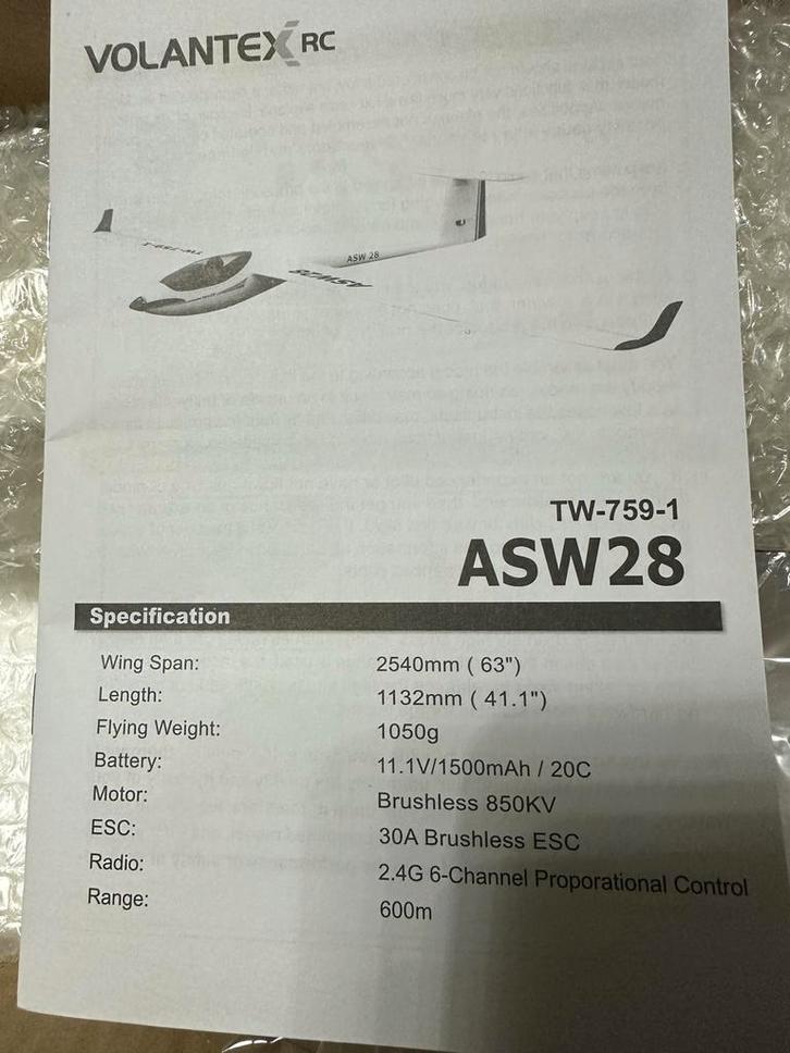 Volantex RC ASW28 Zweefvliegtuig - Nieuwstaat!, Hobby en Vrije tijd, Modelbouw | Radiografisch | Vliegtuigen, Nieuw, Elektro, RTF (Ready to Fly)