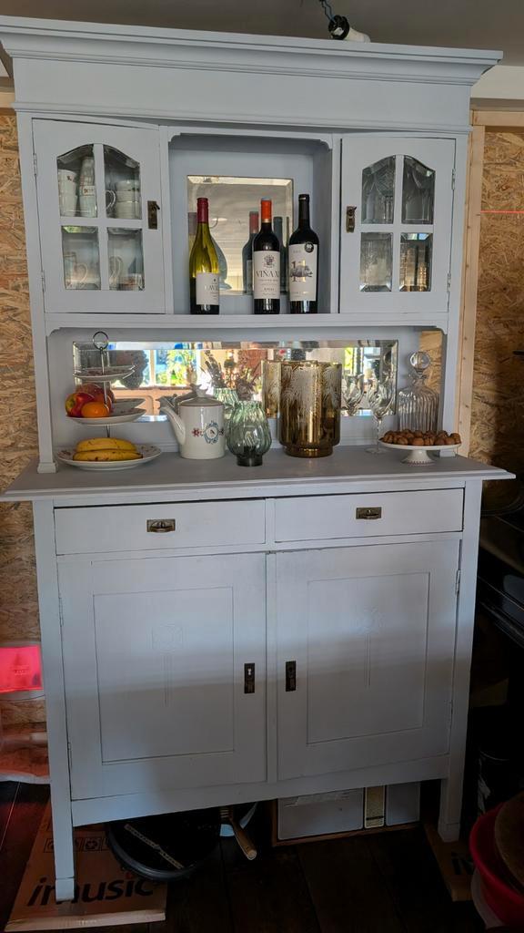 Vintage buffetkast met glasdeuren en spiegel, Huis en Inrichting, Kasten | Buffetkasten, Gebruikt, 200 cm of meer, 100 tot 150 cm