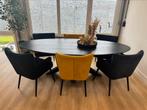 Piet Klerkx eettafel zwart ovaal 240 + 6 eetkamerstoelen, Ophalen, Gebruikt, 100 tot 150 cm, Eikenhout