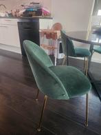 4 groene velvet eetkamerstoelen met gouden poten, Huis en Inrichting, Stoelen, Ophalen, Gebruikt, Overige kleuren, Onbekend
