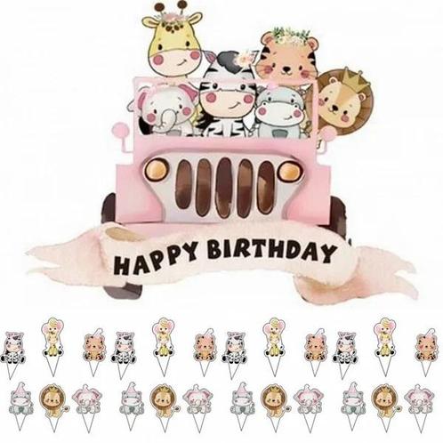 Taart en cupcake topper set Jungle Safari roze, Hobby en Vrije tijd, Taarten en Cupcakes maken, Nieuw, Versiering, Taarten of Cupcakes