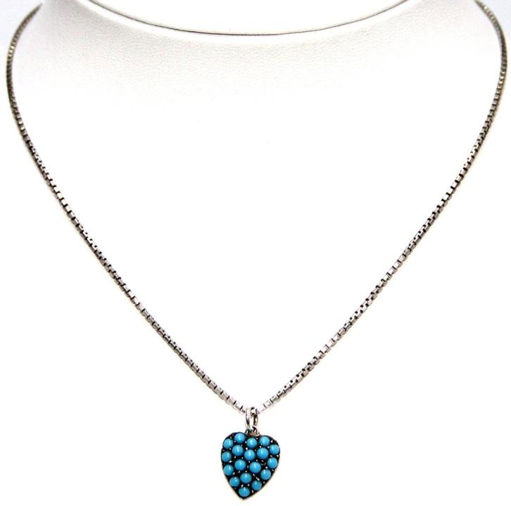 Schitterende Antieke Zilver Turquoise Hart Hanger Ketting, Sieraden, Tassen en Uiterlijk, Antieke sieraden, Ketting, Zilver, Met edelsteen