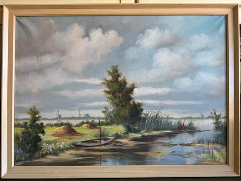 Roeiboot bij een meer, Antiek en Kunst, Kunst | Schilderijen | Klassiek, Ophalen of Verzenden