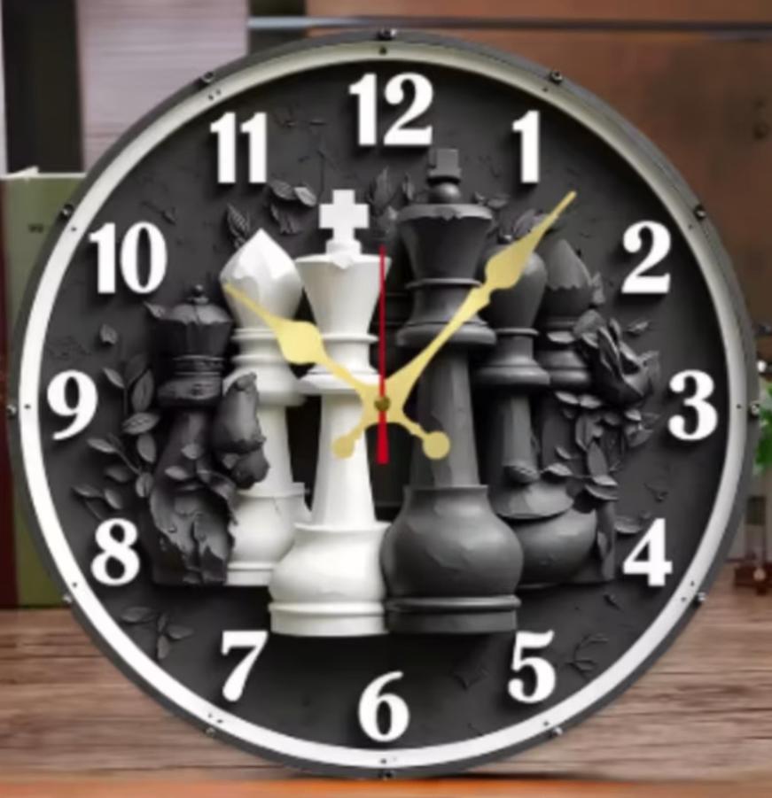 Ronde wandklok van hout Schaakstenen (25cm), Ophalen of Verzenden, Nieuw, Wandklok