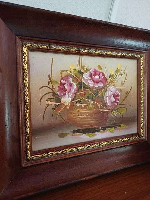 Franse Brocante Schilderij rozen bloemen mand houten lijst, Antiek en Kunst, Curiosa en Brocante, Ophalen of Verzenden