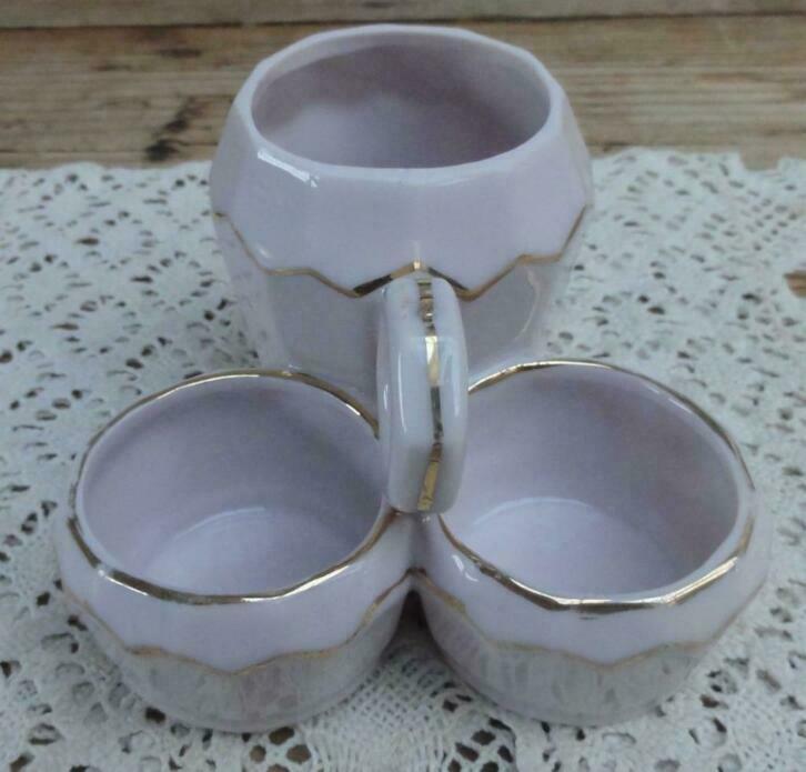 Brocante lichtroze keramiek peper, zout mosterd stel, Antiek en Kunst, Curiosa en Brocante, Ophalen of Verzenden