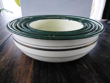 Emaille schalen retro servies groen gouden bies 5x vintage beschikbaar voor biedingen