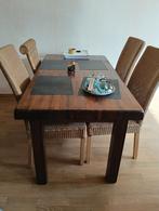 eikenhouten eettafel met 4 stoelen (1 afwijkend model), Huis en Inrichting, Complete eetkamers, Ophalen, Gebruikt, 4 tot 6 stoelen