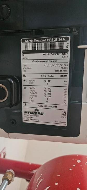 Intergas ketel HRE 28/24A, Doe-het-zelf en Verbouw, Verwarming en Radiatoren, Zo goed als nieuw, Cv-ketel of Combi-ketel, 30 tot 80 cm
