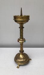 Kerk neogotische kandelaar - gekleurde glas steentjes, Antiek en Kunst, Ophalen of Verzenden, Koper of Brons