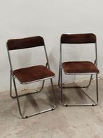 2xVintage klapstoelen stijl “Plia” met bruin velours zitting, Twee, Bruin, Jaren '70, Ophalen of Verzenden