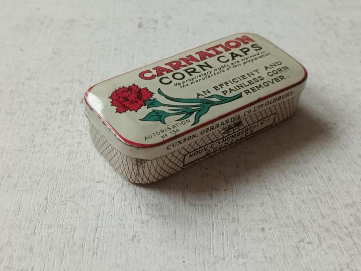 Vintage Carnation Corn Caps Blikken Doosje, Verzamelen, Blikken, Gebruikt, Overige, Ophalen of Verzenden