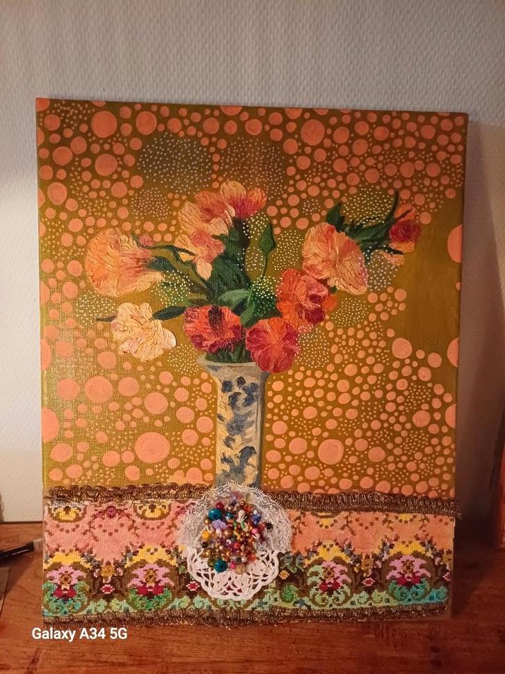 Handgemaakt schilderij met kralen en vintage kleedje, Antiek en Kunst, Kunst | Schilderijen | Klassiek, Ophalen of Verzenden