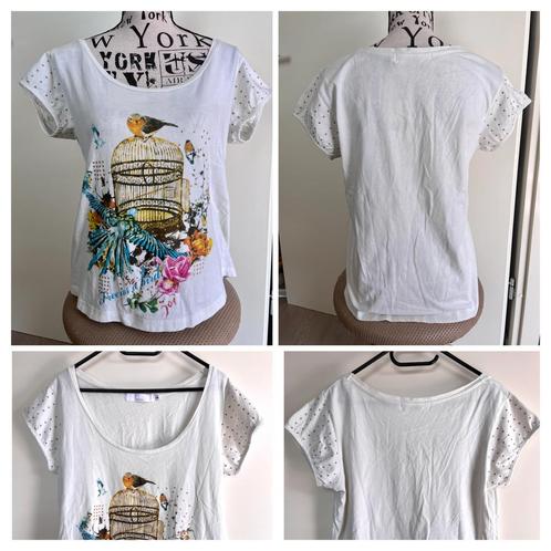 Wit shirt shoeby vogeltjes 42, Kleding | Dames, T-shirts, Zo goed als nieuw, Maat 42/44 (L), Wit, Korte mouw, Ophalen of Verzenden