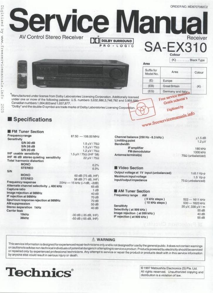 Technics, sa-ex310 originele service manual, Hobby en Vrije tijd, Overige Hobby en Vrije tijd, Zo goed als nieuw, Ophalen of Verzenden