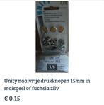 Unity naaivrije Drukknopen 15mm in maisgeel of fuchsia €7,95, Hobby en Vrije tijd, Naaien en Fournituren, Nieuw, Knoop of Knopen