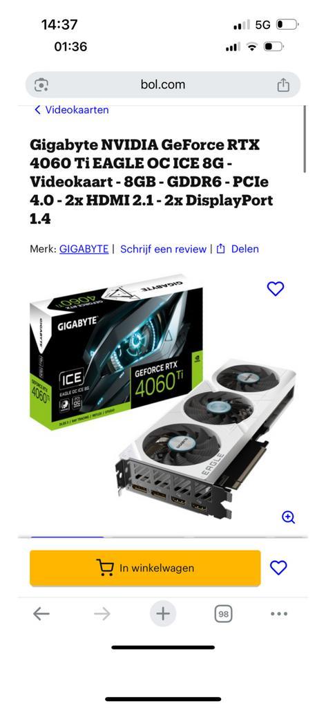 Rtx 4060 TI Gigabyte Wit, Computers en Software, Videokaarten, Zo goed als nieuw, PCI-Express 4.0, GDDR6, Ophalen of Verzenden