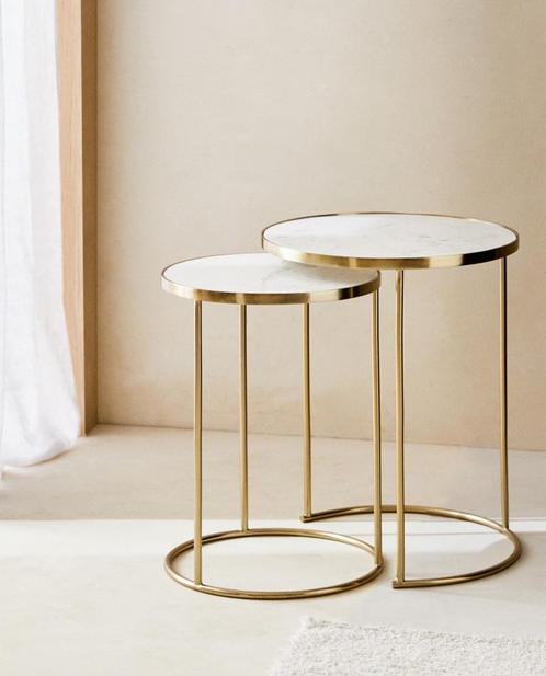 Ronde bijzettafels marmer, messing & wit, Huis en Inrichting, Tafels | Bijzettafels, Zo goed als nieuw, Rond, 45 tot 60 cm, Minder dan 55 cm