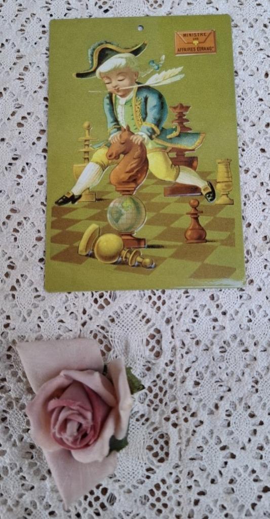 Klein Frans metalen plaatje, nostalgisch kind met schaakbord, Antiek en Kunst, Curiosa en Brocante, Ophalen of Verzenden
