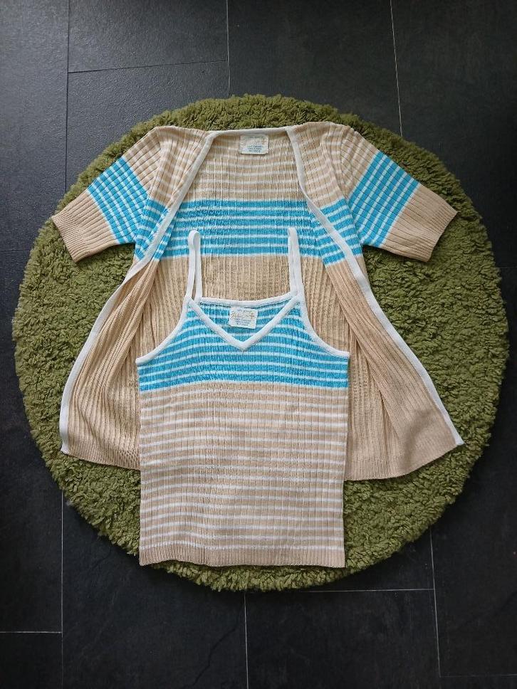 Vintage jaren 70 vestje + top set, beige, lichtblauw maat S, Kleding | Dames, Tops, Zo goed als nieuw, Maat 36 (S), Blauw, Zonder mouw