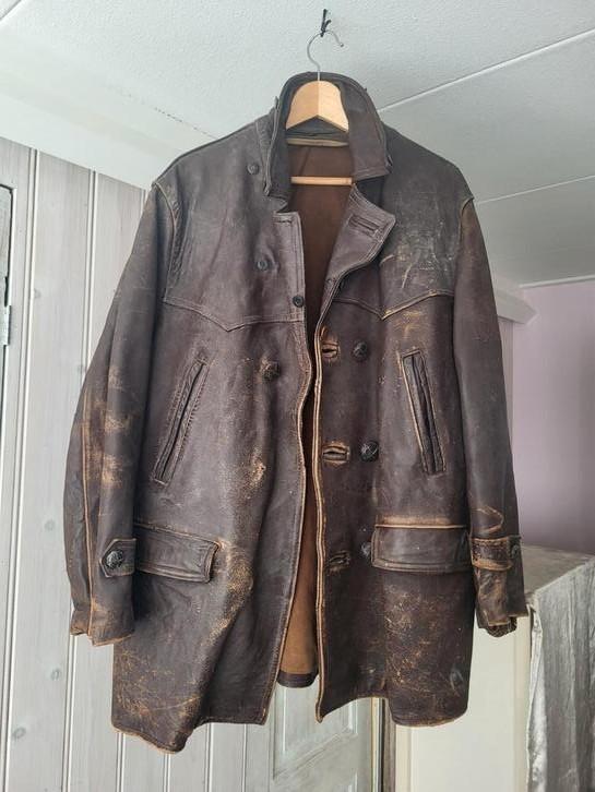 Antieke motorjas, met afneembare bontkraag, Motoren, Kleding | Motorkleding, Jas | textiel, Tweedehands, Ophalen of Verzenden