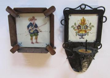2 vintage smeedijzer items kandelaar asbak makkum tegel beschikbaar voor biedingen