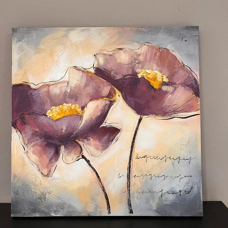 Modern bloemenschilderij met paarse bloemen – 80x80 cm, Antiek en Kunst, Kunst | Schilderijen | Klassiek, Ophalen