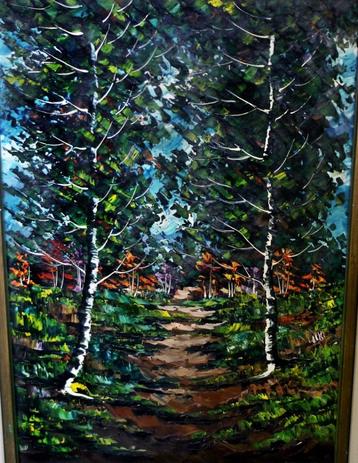 Mid Century Modern Bos Landschap Schilderij in Lijst 84x64CM beschikbaar voor biedingen