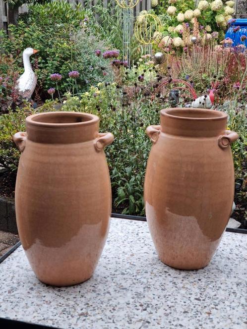 2 terracotta  vazen,  26 cm,  craquelé glazuur  samen voor :, Tuin en Terras, Tuinvazen, Zo goed als nieuw, Ophalen of Verzenden