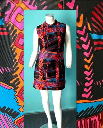 Vintage jaren 70 mini-jurk zwart met motief maat 36 beschikbaar voor biedingen