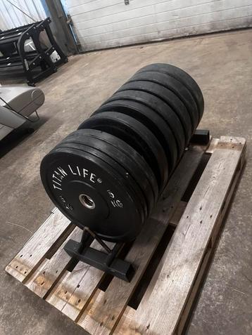 150kg Titan Bumperplates + Opbergrek, Olympische Barbell beschikbaar voor biedingen