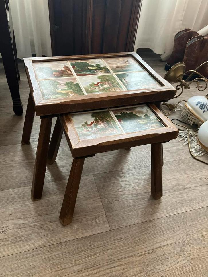 Twee bijzettafeltjes landelijk, Huis en Inrichting, Tafels | Bijzettafels, Zo goed als nieuw, Rond, Minder dan 45 cm, Minder dan 55 cm