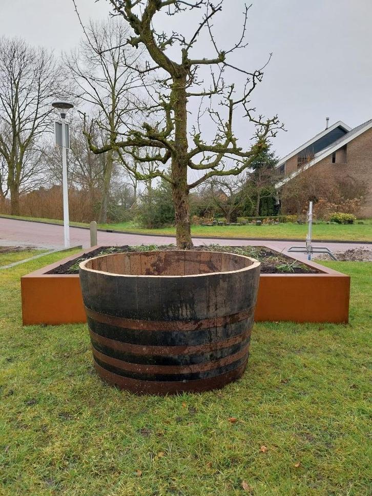 Zeer Groot Eikenhouten Bloembak Whiskeyvat 250 Liter, Tuin en Terras, Bloembakken en Plantenbakken, Nieuw, Hout, Balkon, Tuin