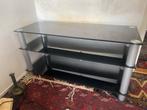Glazen TV Meubel met Metalen Poten 110cm bij 40cm, Gebruikt, 100 tot 150 cm, Ophalen of Verzenden, Glas