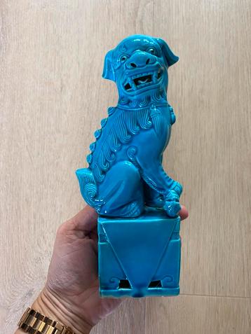 Vintage Foo Dog Chinese tempelleeuw blauw aqua handmade beschikbaar voor biedingen