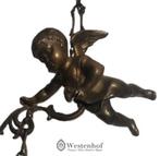 Antieke hanglamp barok met engel beeld brons - lamp kap glas, Antiek en Kunst, Ophalen of Verzenden