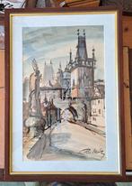 aquarel  van Charles Bridge Praag gesigneerd, Ophalen of Verzenden
