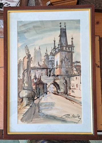 aquarel  van Charles Bridge Praag gesigneerd beschikbaar voor biedingen