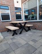 Steigerhouten tafel met bankjes, Ophalen of Verzenden, Nieuw, Rechthoekig, Hout