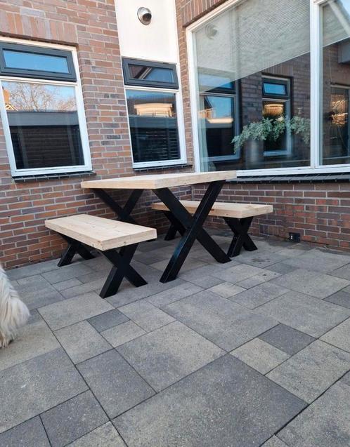 Steigerhouten tafel met bankjes, Tuin en Terras, Tuintafels, Nieuw, Rechthoekig, Hout, Ophalen of Verzenden