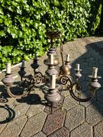 Koperen 9 armige kroonluchter met taupe kleurige ornamenten., Huis en Inrichting, Lampen | Kroonluchters, Ophalen of Verzenden