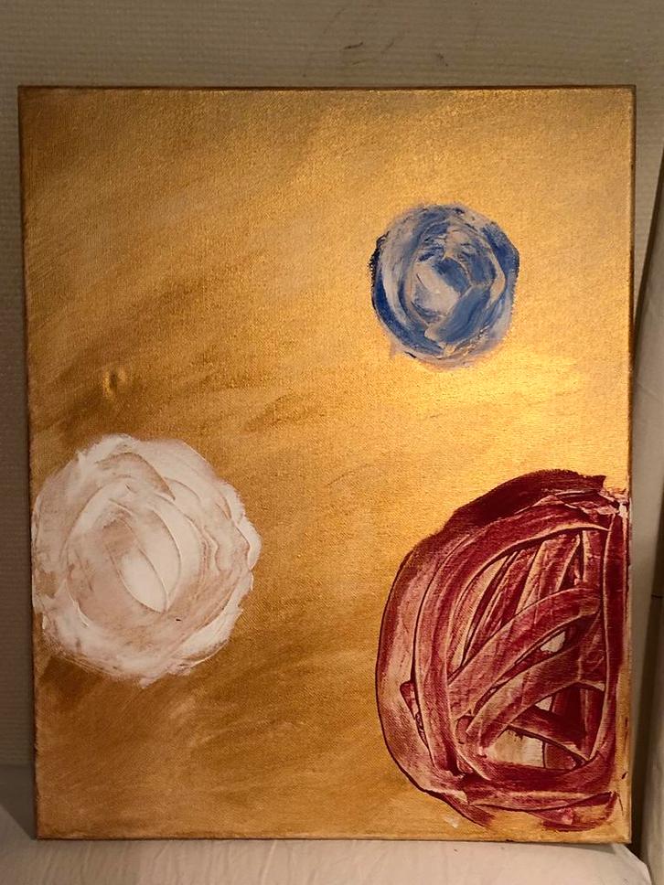 Abstract Schilderij - Goud, Blauw, Wit, Rood, Antiek en Kunst, Kunst | Schilderijen | Abstract, Ophalen