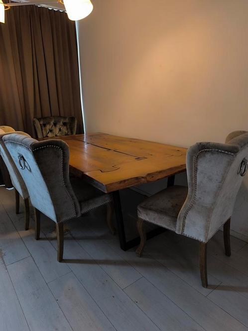 Echte boomstam tafel met 6 stoelen., Huis en Inrichting, Complete eetkamers, Gebruikt, Ophalen