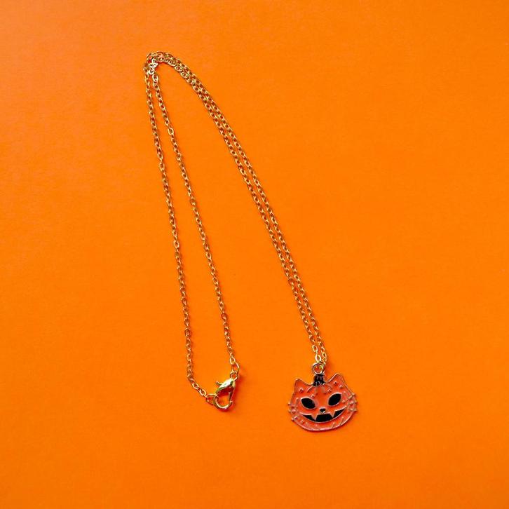 Kettinkje met Halloween Pompoen Kat Hangertje, Sieraden, Tassen en Uiterlijk, Kettingen, Nieuw, Overige materialen, Goud, Verzenden